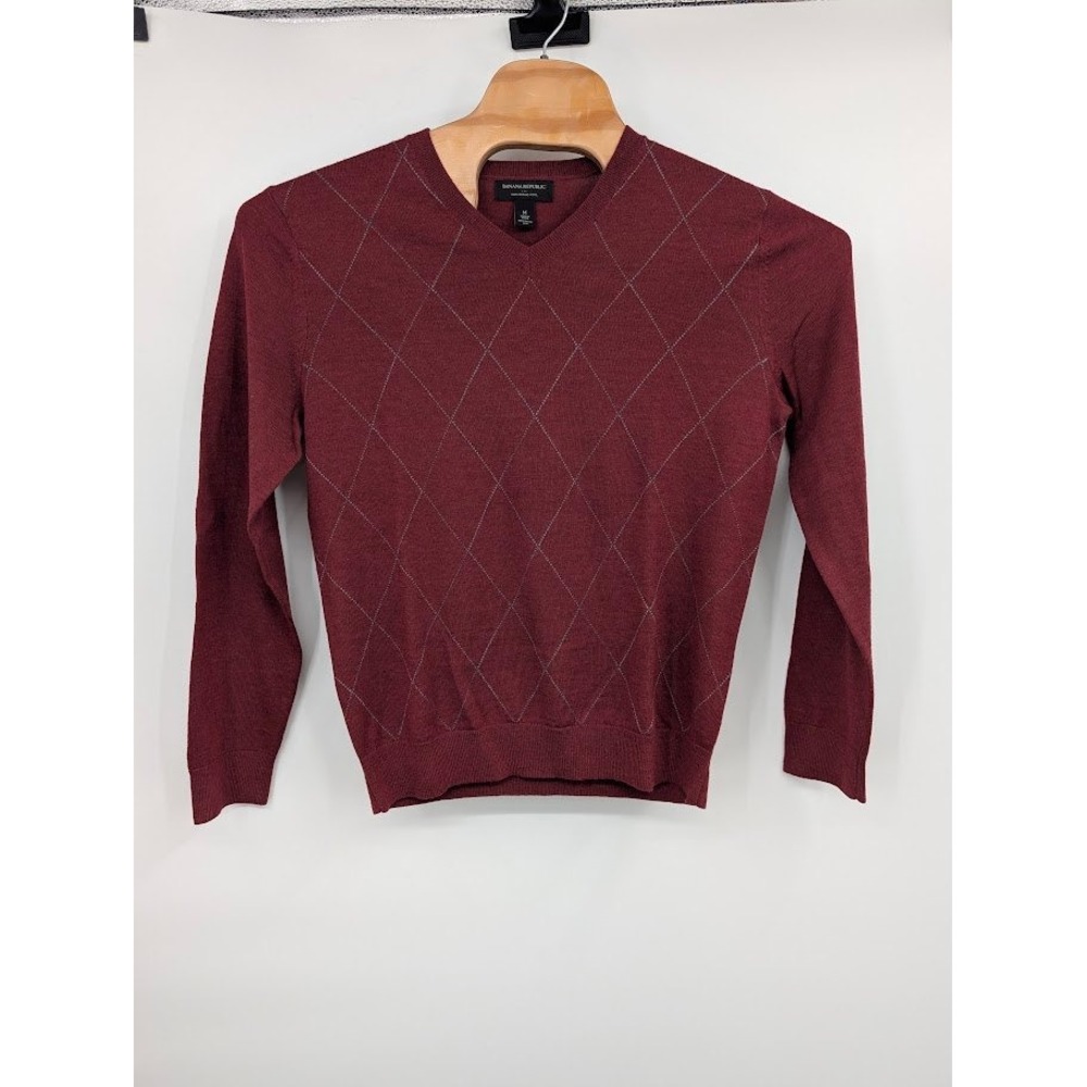 Banana Republic Men's 100% Merino Wool V neck Argyle Knit Sweater Burgundy Med